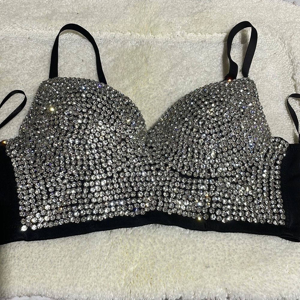 Women's Rhinestone Diamond Push up Bustier Crop Top Sexy Punk Corset Bra Black